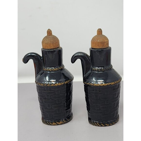 Vintage Black Ceramic Oil & Vinegar Cruet Set With Cork Stoppers Retro MCM Decor - Picture 4 of 10